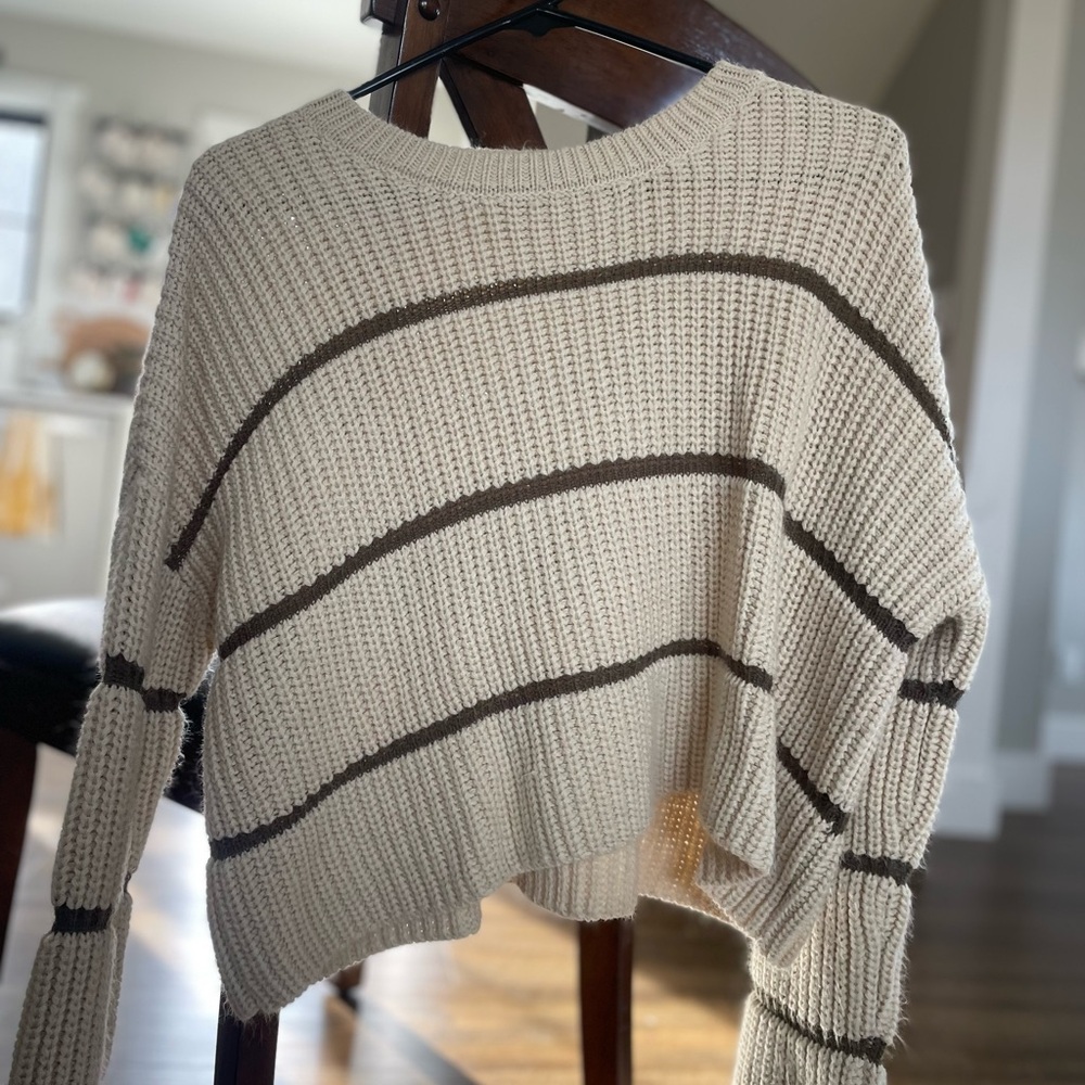 Cozy Cream and Brown Striped Cropped Sweater